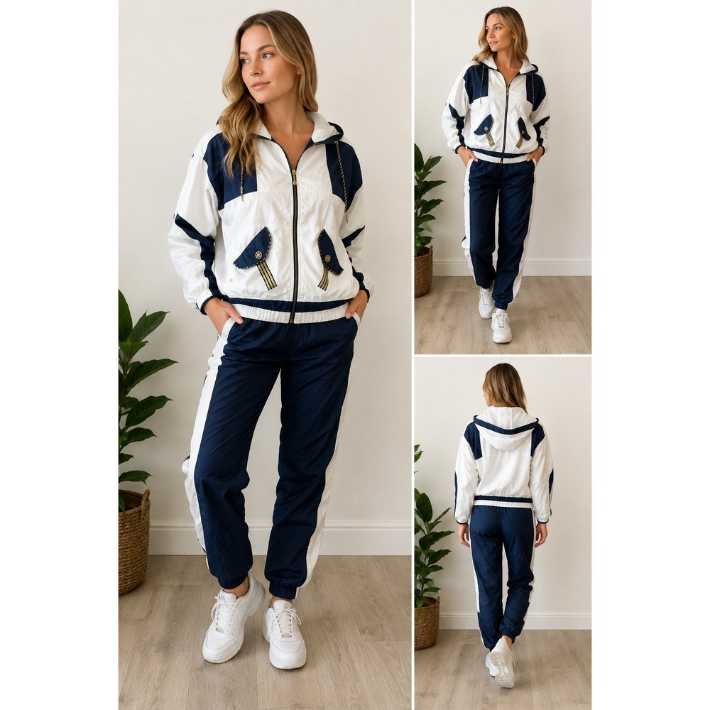 Vintage 80s Active Code Womens White Navy Nautical Windbreaker Track Suit Size M